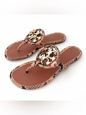TORY BURCH || Metal Miller Snake Print Leather Sandals Blush Roccia Gold Size 8